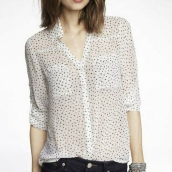 Express Tops - Express Portofino Star Print Roll Tab Blouse | M